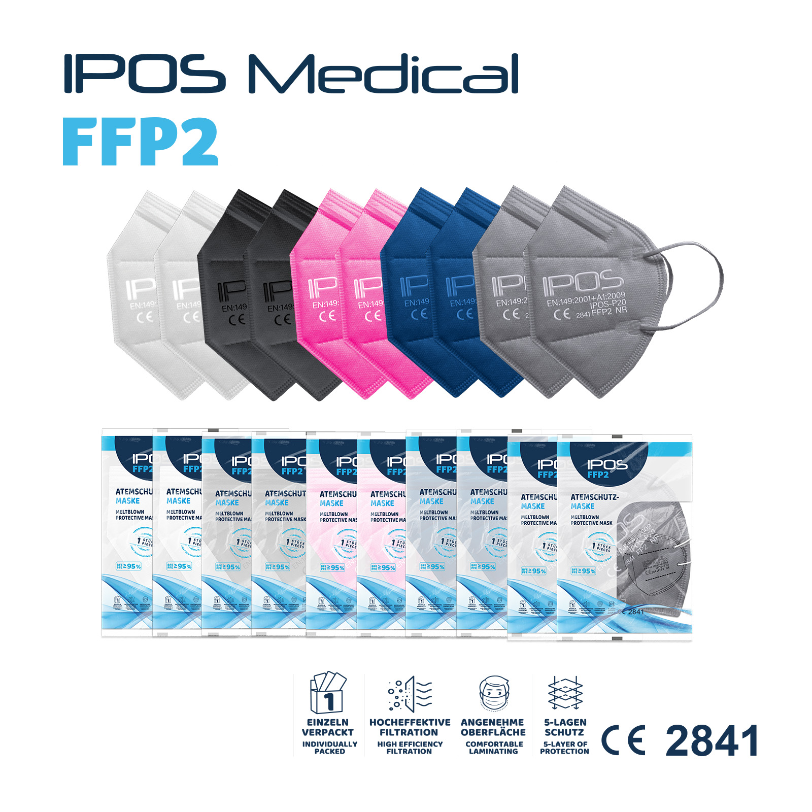 FFP2 Maske verschiedene Farben 10 Stück IPOS ATEMSCHUTZMASKE inkl. Maskenhalter