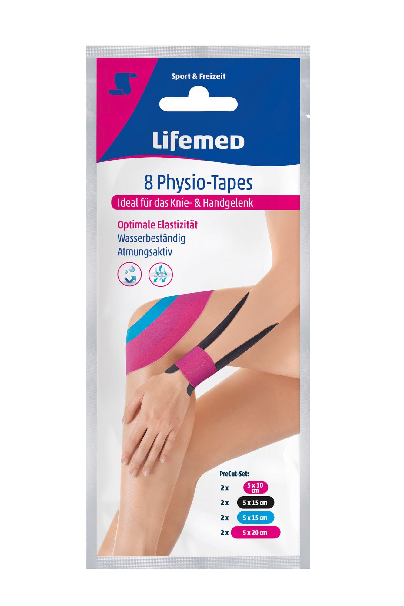 8 Lifemed Physio-Tapes farbig Knie- und Handgelenk 4 Größen