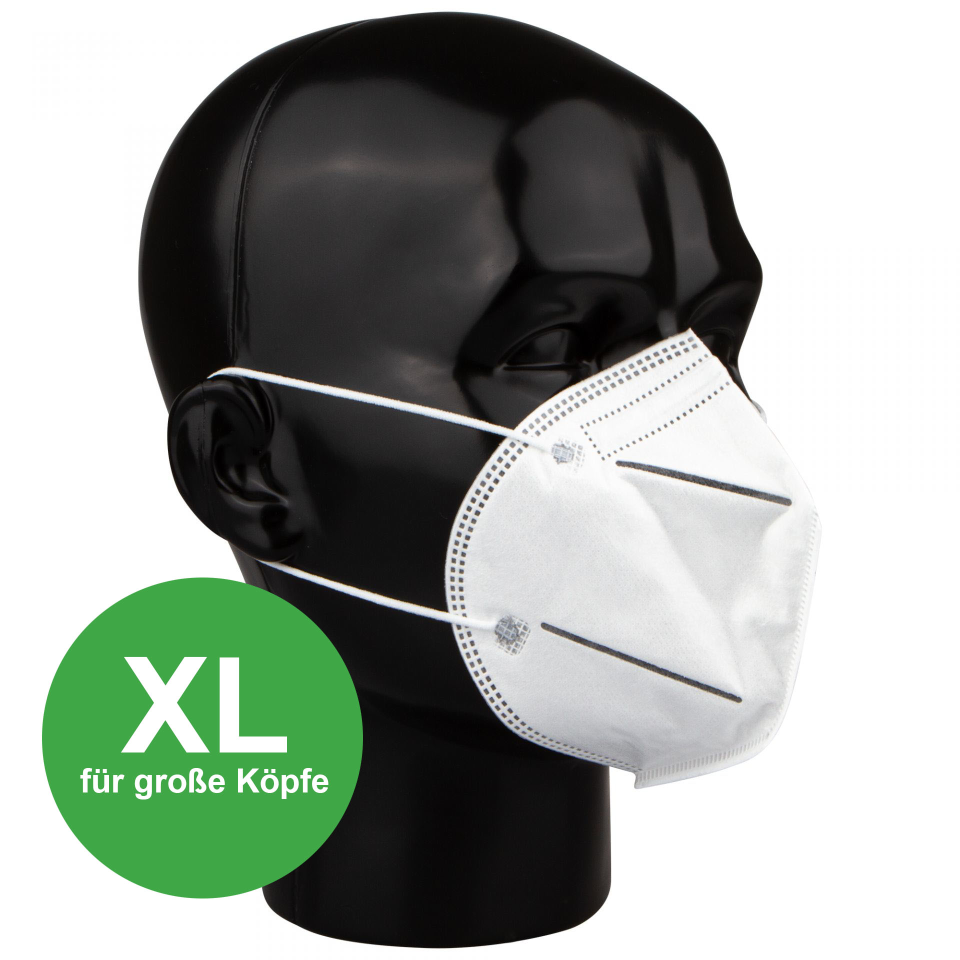 FFP2 Maske - 100 % made in Europa. Atemschutzmaske mit Haltebügel zum optionalen Verbinden der Ohrschlaufen am Hinterkopf. Filterleistung ≥ 95 %. Erhältilich in M, L und XL.